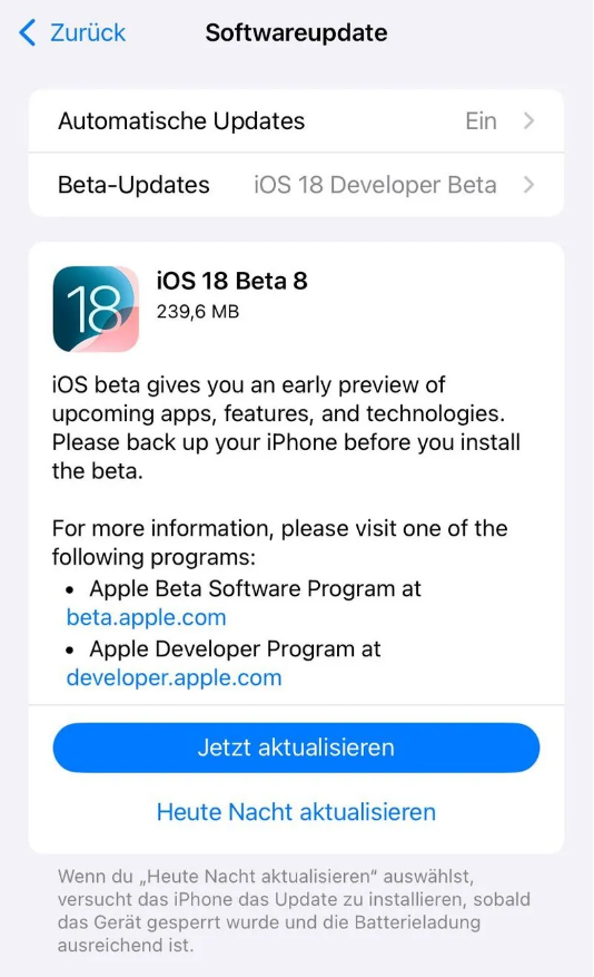 依安苹果手机维修分享苹果 iOS / iPadOS 18 开发者预览版 Beta 8 发布 